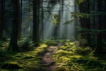 Obraz premium An enchanted forest path, soft light rays breaking through dense canopy, casting dappled light on the mossy trail, creating a peaceful and mysterious ambiance