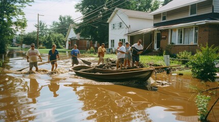 Fototapeta premium Residents and volunteers navigate a flooded neighborhood, using a boat to move through the water, showcasing resilience and community spirit.