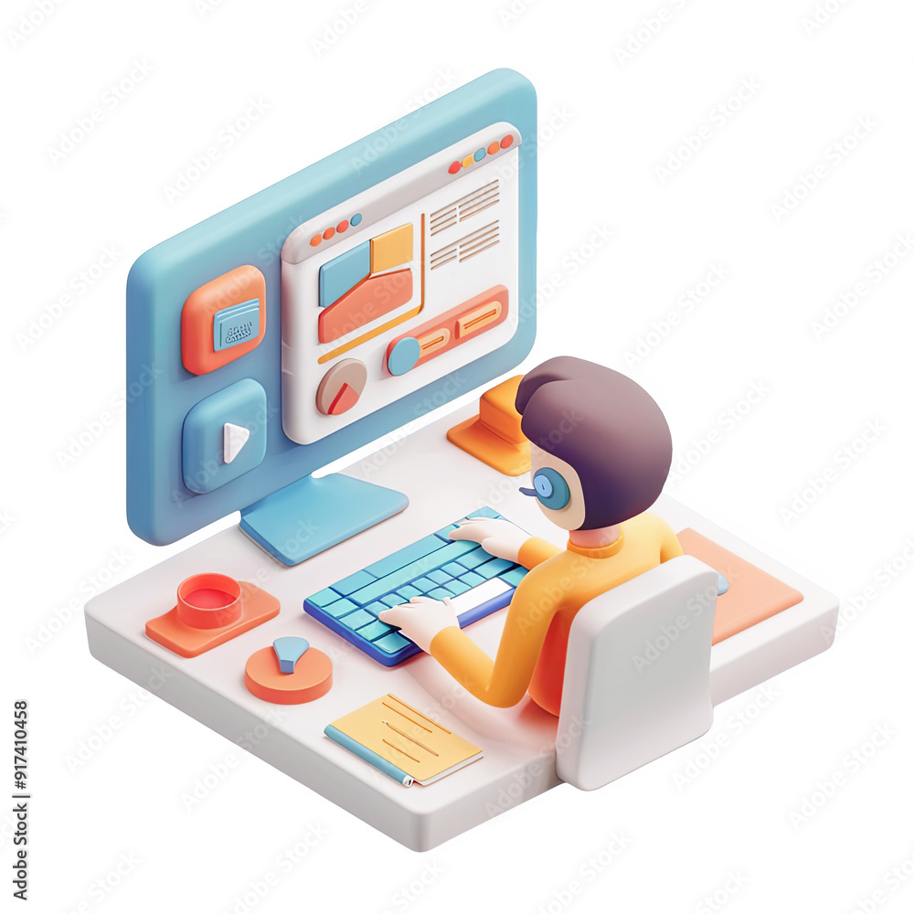 Wall mural 3d illustration of a person working on a computer with charts and data on the screen for business, t