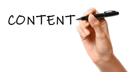 Word Content written by woman on glass against white background, banner design