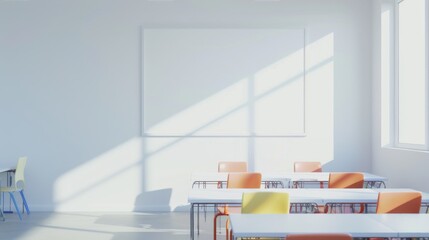 A pristine classroom with white walls, empty desks, and bright natural light streaming through large windows, creating a clean and modern educational setting.