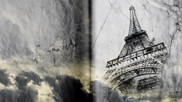 Eiffel Tower in Paris smoothly appears on old, grunge paper with time lapse of sky with clouds. Creative, combined 3D 4K parallax video of high quality. Template for a postcard or historical video.