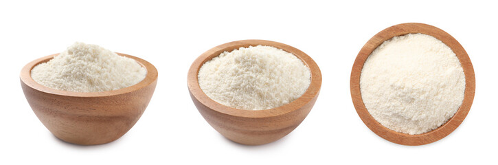 Coconut flour in wooden bowl isolated on white, collage