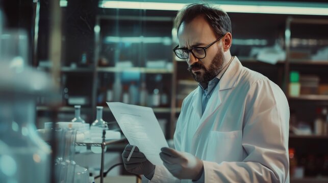 A scientist in a laboratory setting deeply engrossed in reading a scientific paper, surrounded by glassware and apparatus, under a focused light.