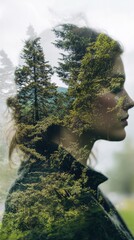 Double exposure of woman and forest nature