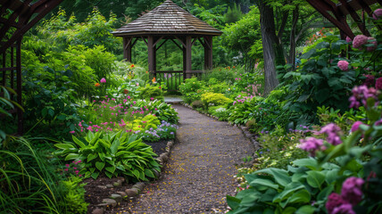 Naklejka premium A lush garden path with grape-colored flowers and green foliage leading to a quaint gazebo
