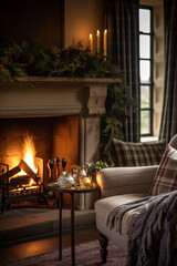 Christmas, holiday decor and country cottage style, cosy atmosphere, decorated Christmas tree in the English countryside house living room with fireplace, interior decoration idea