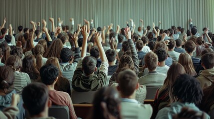 A large audience with raised hands in unison, as viewed from the back, representing widespread participation and collective engagement.