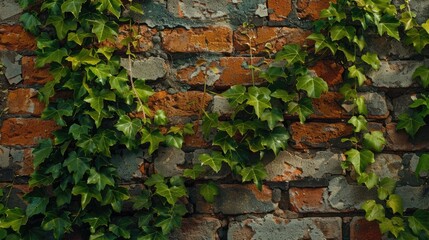 Green ivy on ancient brick wall backdrop