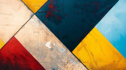 An abstract close-up of colorful geometric tiles with triangles, blending yellow, blue, and red hues, showing creative design and spatial artistry.