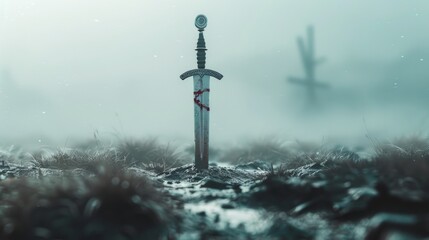 Obraz premium A solitary sword with a red ribbon tied around its hilt stands firmly in a misty, battle-torn field.