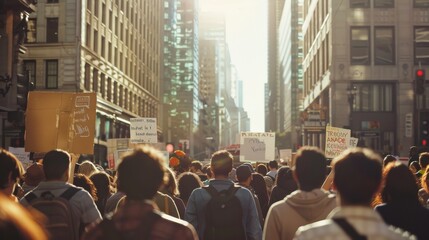 A large crowd participates in a protest march through a city street, holding signs and walking toward the sunlight.