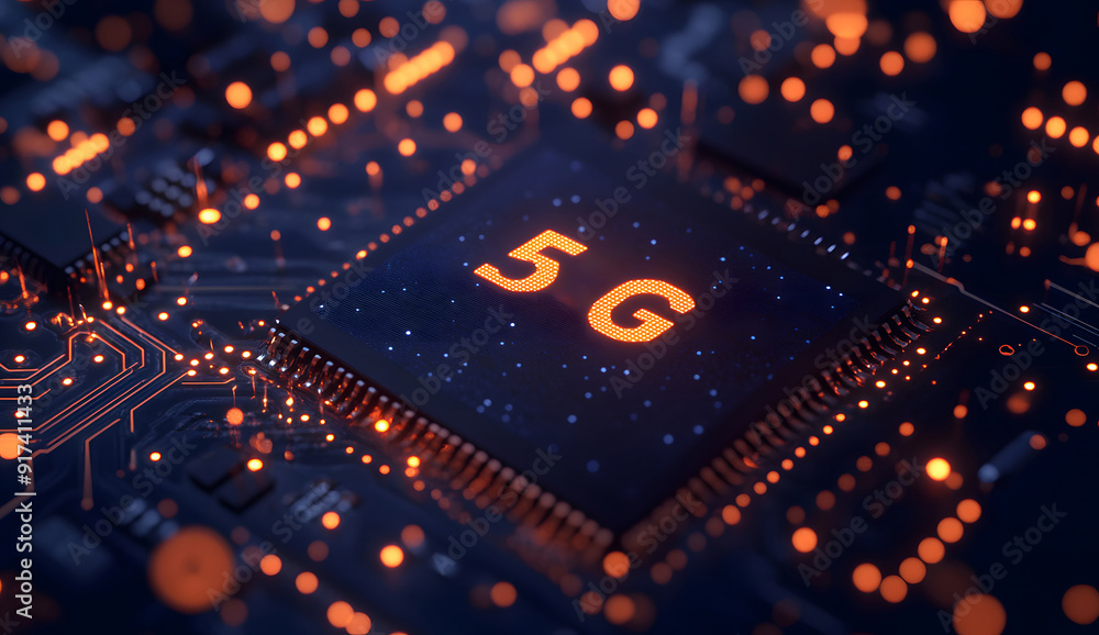 Poster circuit board details with a prominent 5g icon, representing advanced technology embedded in the cor