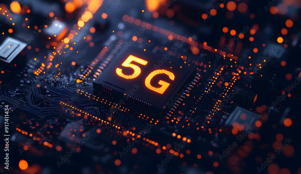 Poster circuit board details with a prominent 5g icon, representing advanced technology embedded in the cor
