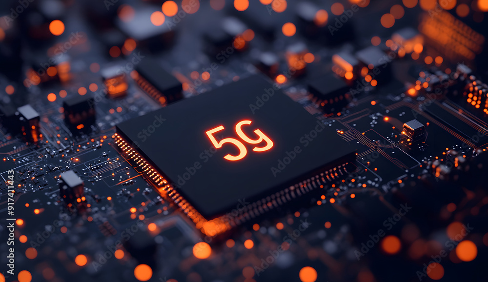 Poster circuit board details with a prominent 5g icon, representing advanced technology embedded in the cor