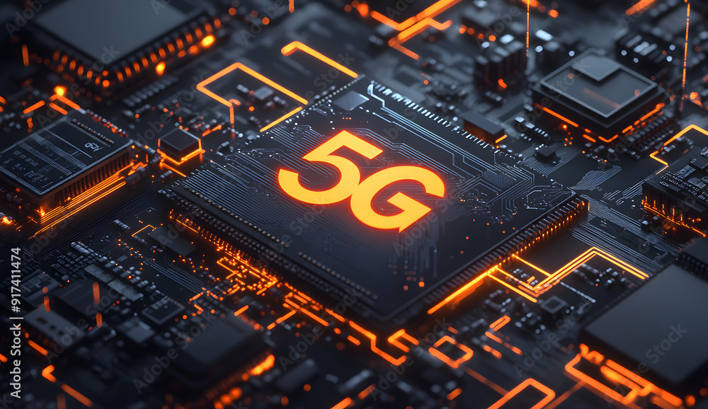 Poster circuit board details with a prominent 5g icon, representing advanced technology embedded in the cor