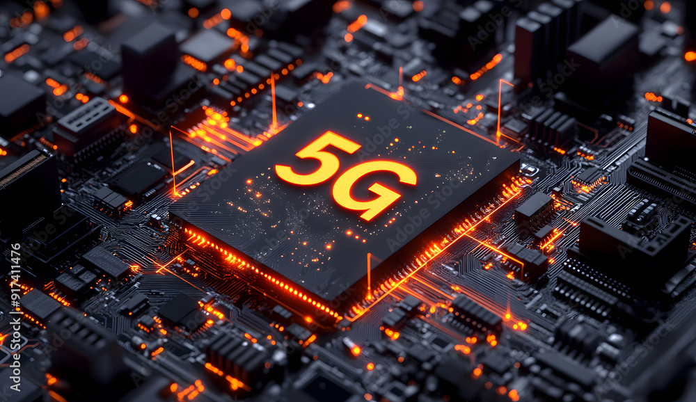 Poster circuit board details with a prominent 5g icon, representing advanced technology embedded in the cor