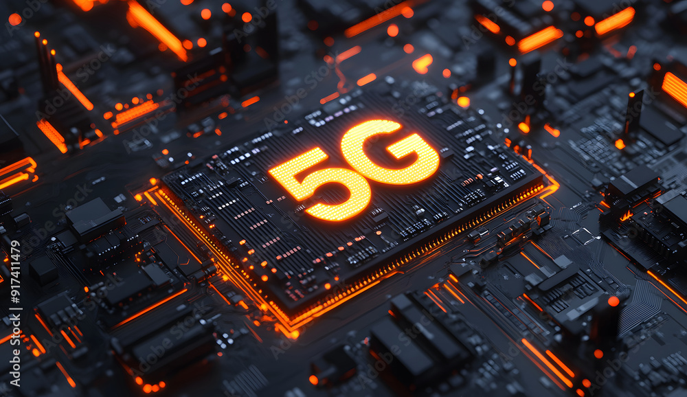 Poster circuit board details with a prominent 5g icon, representing advanced technology embedded in the cor