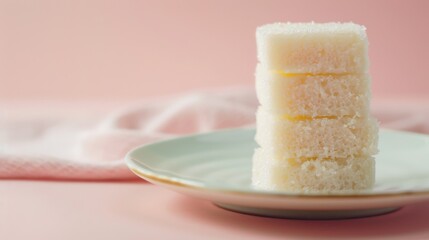 A stack of soft, airy sponge cakes on a delicate plate, presented against a soft pink background, exuding a sweet and minimalistic charm.