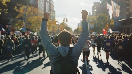 A triumphant runner with raised arms, celebrating a successful marathon finish in a bustling city street, surrounded by fellow participants and festive energy.