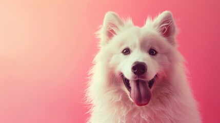 Fototapeta premium Fluffy white dog with a joyful expression, bright eyes, and tongue out, set against a warm pink background, capturing a moment of pure happiness.