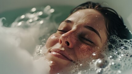 A woman relaxing in a bubble bath, her face serene and eyes closed, surrounded by soothing suds, epitomizing peace and self-care.