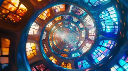 Obraz premium A beautifully designed spiral adorned with colorful stained glass windows, creating a mesmerizing and ethereal view through the structure.