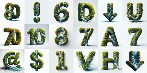Naklejka premium Grass and moss and water Lettering Typeface. AI generated illustration