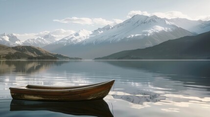 Fototapeta premium A solitary boat gently floating on a calm lake against the backdrop of a majestic mountain range, emitting a sense of peace.