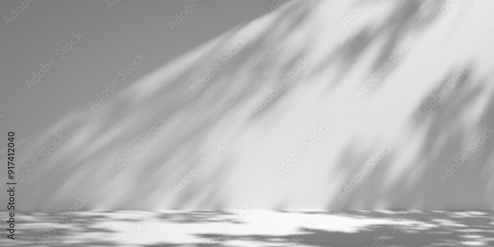 Poster white minimalist studio for product presentation. empty room with shadows of tree leaves. 3d room ba