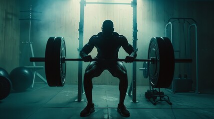 A determined man lifting heavy weights in a dimly lit gym, showcasing strength and dedication under a barbell with dramatic lighting.