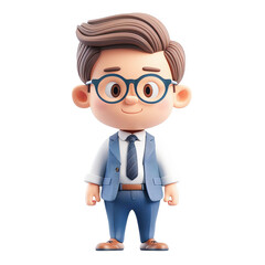 3D Rendered Cartoon Character of a Young Boy in a Suit and Glasses on a Transparent Background