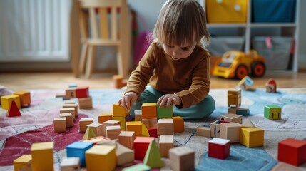 A toddler sits on a colorful playmat, deeply engaged in building with wooden blocks, showcasing concentration and creativity.