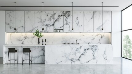 A sleek and modern kitchen featuring polished white marble countertops and cabinets with subtle black veining, perfectly lit in a minimalist design.
