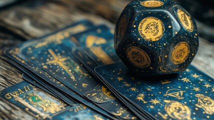 Astrological tarot cards and dice on a wooden surface. Mysticism and zodiac