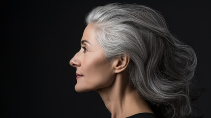 Naklejka premium profile of a middle-aged woman with gray hair on a black background. the problem of early gray hair and the preservation of youth. 