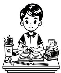 cute coloring page boy at the school desk 