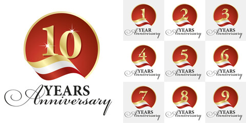 Set of Anniversary vector creative design circle emblems with ribbon and golden numbers red color on white background for celebration event, invitation, greeting, template, leaflet and booklet