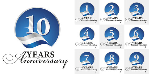 Set of Anniversary vector creative design circle emblems with ribbon and silver numbers blue color on white background for celebration event, invitation, greeting, template, leaflet and booklet