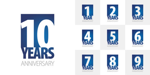 Set of Anniversary vector creative design emblems with negative space numbers blue color on white background for celebration event, invitation, greeting, web template, leaflet
