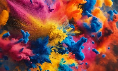 Multicolored vibrant powder paint explosion backdrop, abstract illustration, Hindu Holi festival of colors