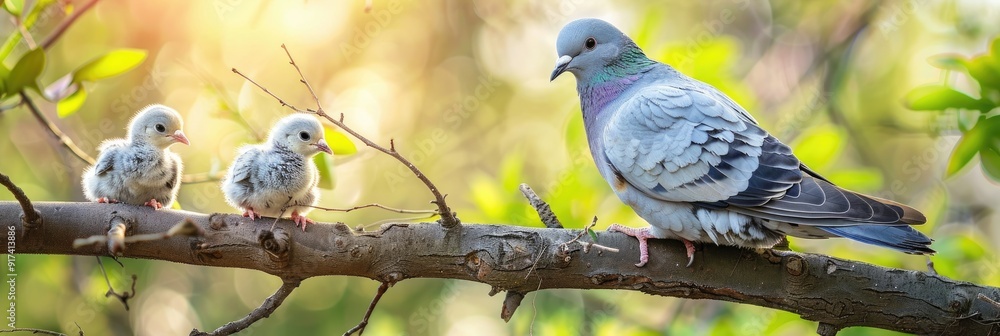 Poster pigeon with two fluffy chicks perched on a tree branch in a serene natural setting