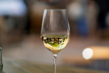 A close-up shot of a white wine glass on a wooden table, capturing the reflection of an outdoor setting. Perfect for themes of leisure, dining, and elegant lifestyle