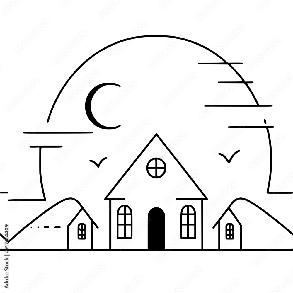 Poster simple vector outline image of a haunted house creating a mysterious atmosphere, halloween
