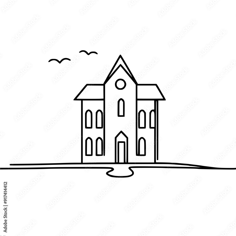 Poster simple vector outline image of a haunted house on a hill, creating a mysterious atmosphere, hallowee