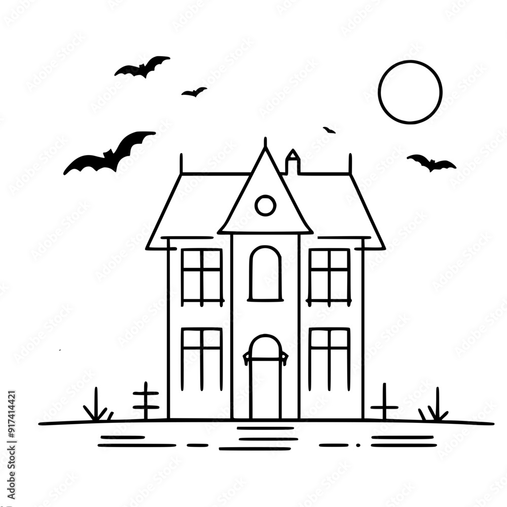 Poster simple vector outline image of a haunted house with bats and full moon creating a spooky atmosphere,