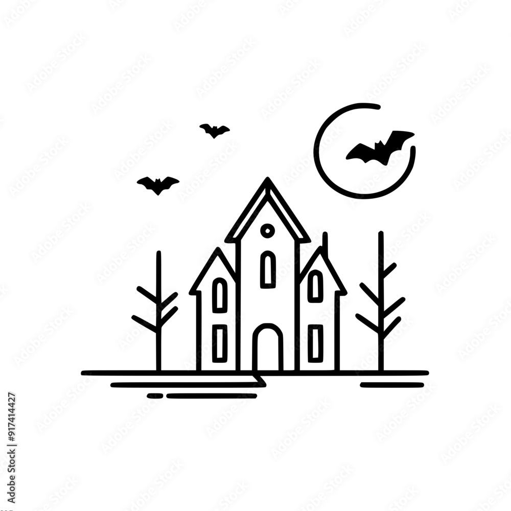 Poster simple vector outline image of a haunted house with bats and full moon creating a spooky atmosphere,