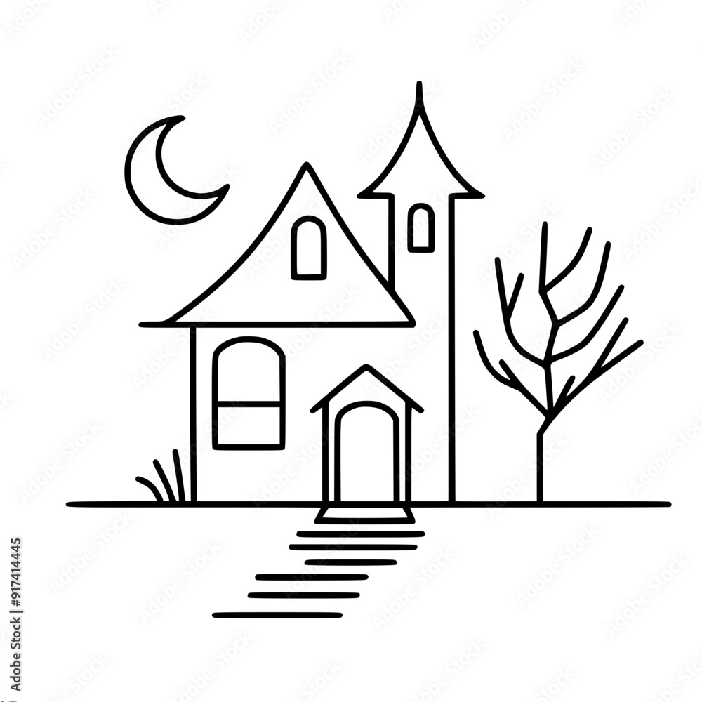 Poster simple vector outline image of a haunted house with tree and moon creating a spooky atmosphere, hall