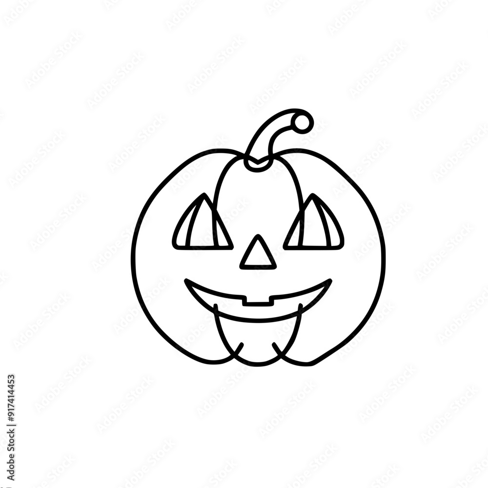 Poster simply a vector outline image of a smiling jack-o-lantern on a white background, symbolizing hallowe