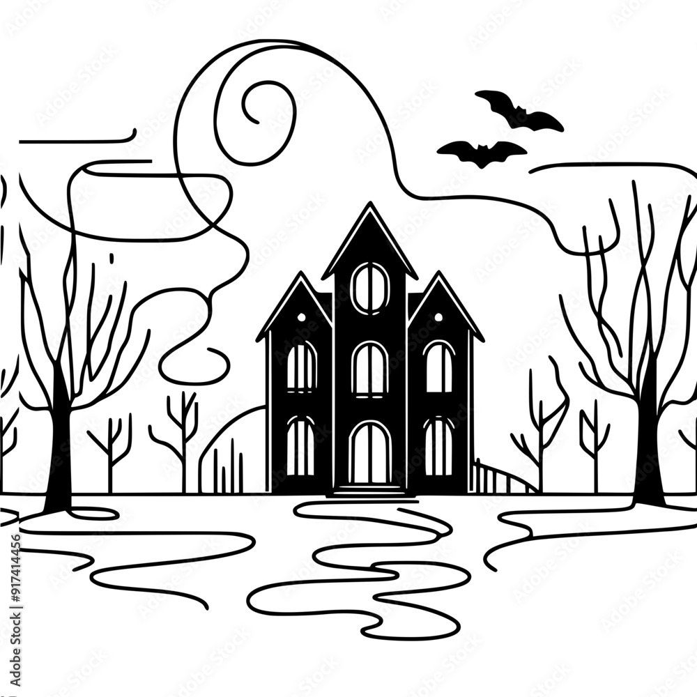 Aufkleber simple vector outline image of a haunted house with trees creating a spooky atmosphere, halloween